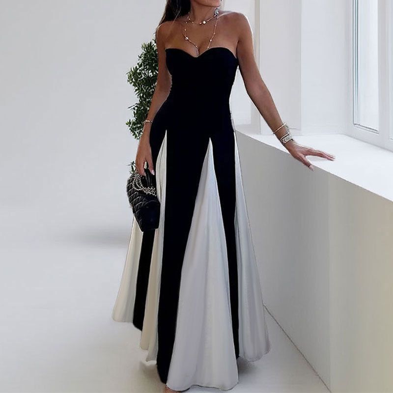 2025 New Summer Color Block Sleeveless Maxi Dresses - Elegant Evening Gown Suspender/Tube Top Skrit INS Style for Women Red Carpet & Cocktail Party Dress