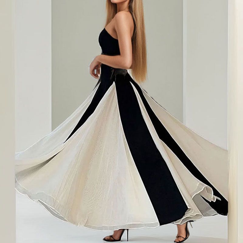 2025 New Summer Color Block Sleeveless Maxi Dresses - Elegant Evening Gown Suspender/Tube Top Skrit INS Style for Women Red Carpet & Cocktail Party Dress