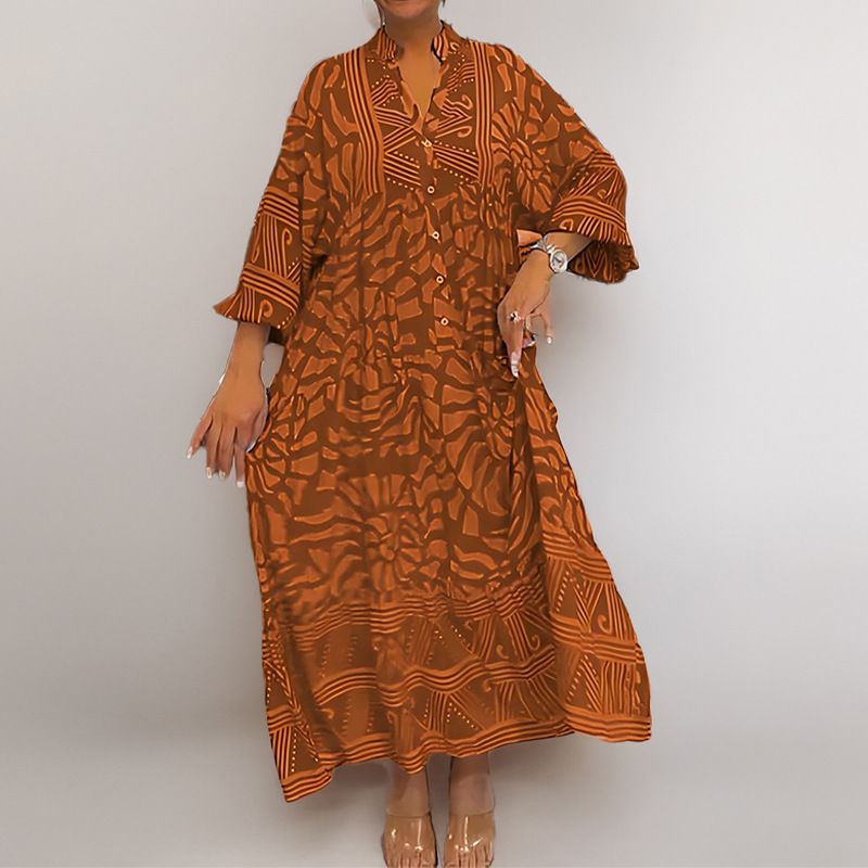 New European & American Style Floral Print Loose-Fit Dress | Elegant A-Line Maxi Dress with Fashionable V-Neck Design | Breathable Rayon Blend for Casual to Party Wear
