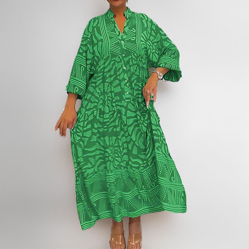 New European & American Style Floral Print Loose-Fit Dress | Elegant A-Line Maxi Dress with Fashionable V-Neck Design | Breathable Rayon Blend for Casual to Party Wear