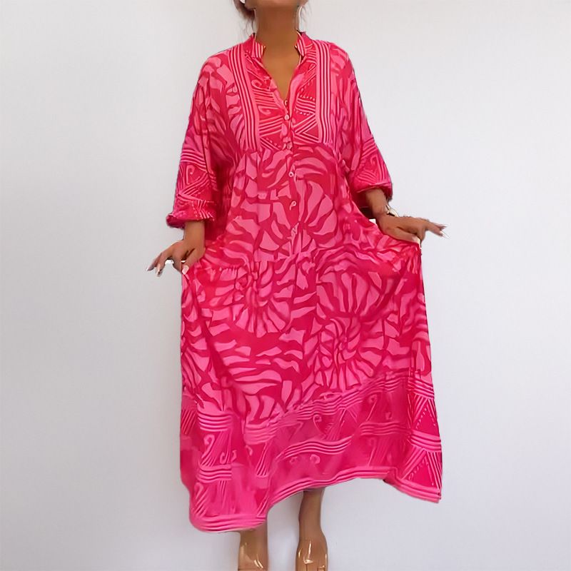New European & American Style Floral Print Loose-Fit Dress | Elegant A-Line Maxi Dress with Fashionable V-Neck Design | Breathable Rayon Blend for Casual to Party Wear