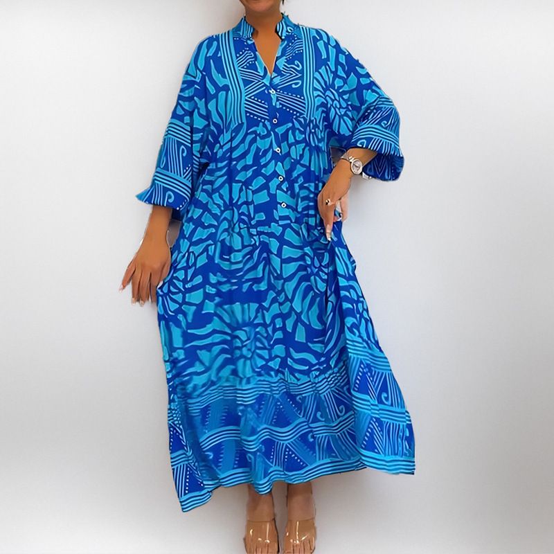 New European & American Style Floral Print Loose-Fit Dress | Elegant A-Line Maxi Dress with Fashionable V-Neck Design | Breathable Rayon Blend for Casual to Party Wear