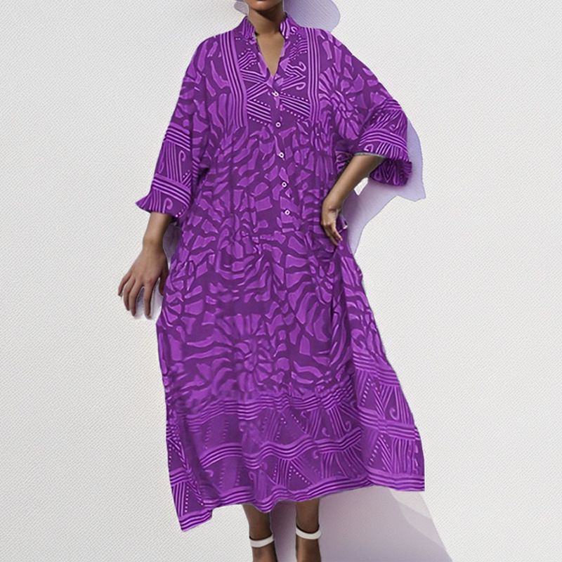 New European & American Style Floral Print Loose-Fit Dress | Elegant A-Line Maxi Dress with Fashionable V-Neck Design | Breathable Rayon Blend for Casual to Party Wear