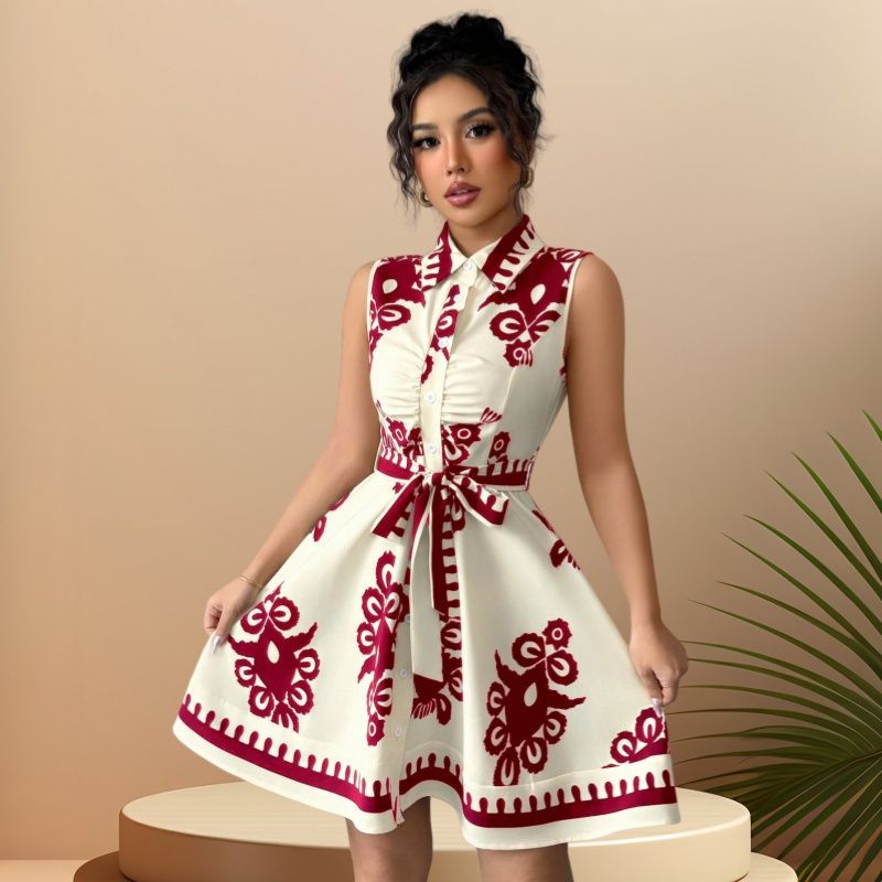 2025 Summer Women's Afro-Chic Printed Slim-Fit High Waist Midi Dress | Sleeveless Notched Collar Office to Party Dress | Breathable Fabric With Belt for Daily Commute & Cocktail Events