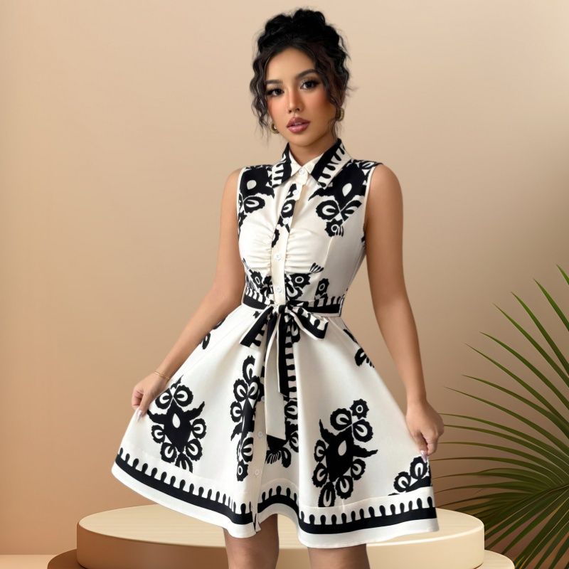 2025 Summer Women's Afro-Chic Printed Slim-Fit High Waist Midi Dress | Sleeveless Notched Collar Office to Party Dress | Breathable Fabric With Belt for Daily Commute & Cocktail Events