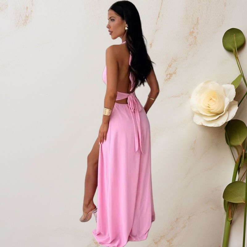 2025 Summer New Women's Halter Neck Deep V-neck High Slit Evening Gown | Elegant Bodycon Party Dress with Tie-Up Waist | Red Carpet-Ready Sexy Cocktail Dress