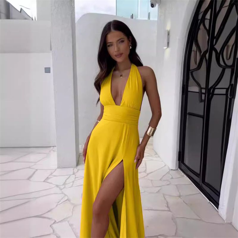 2025 Summer New Women's Halter Neck Deep V-neck High Slit Evening Gown | Elegant Bodycon Party Dress with Tie-Up Waist | Red Carpet-Ready Sexy Cocktail Dress