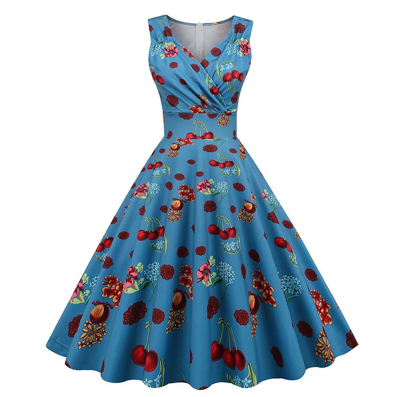2025 New Hepburn-Inspired Floral Print V-Neck Midi Dress – Vintage Retro Sleeveless Cocktail Gown for Office, Party & Evening Events