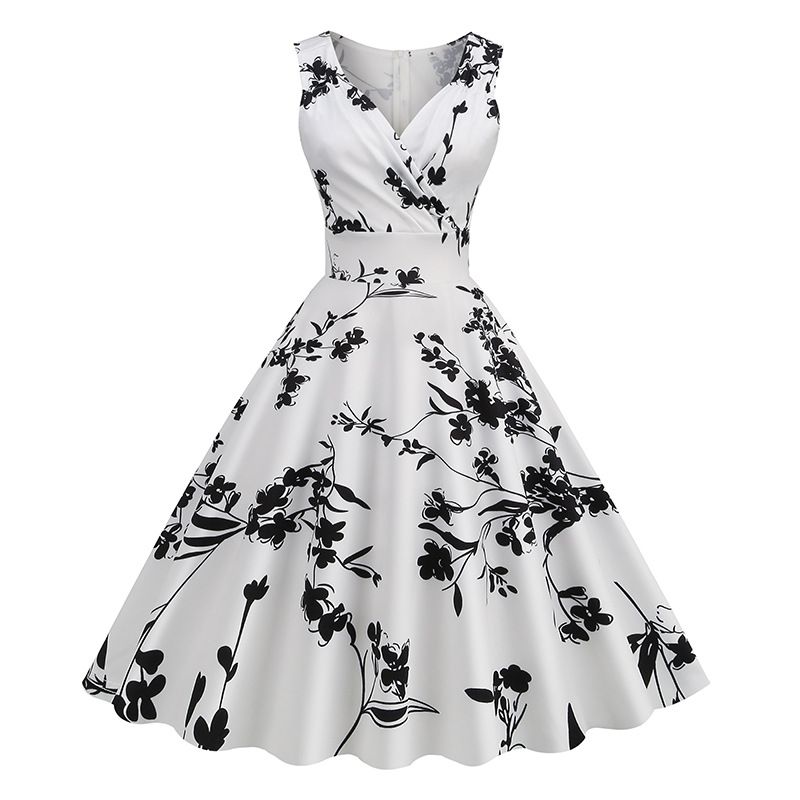 2025 New Hepburn-Inspired Floral Print V-Neck Midi Dress – Vintage Retro Sleeveless Cocktail Gown for Office, Party & Evening Events