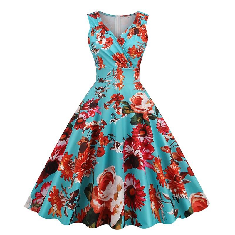 2025 New Hepburn-Inspired Floral Print V-Neck Midi Dress – Vintage Retro Sleeveless Cocktail Gown for Office, Party & Evening Events