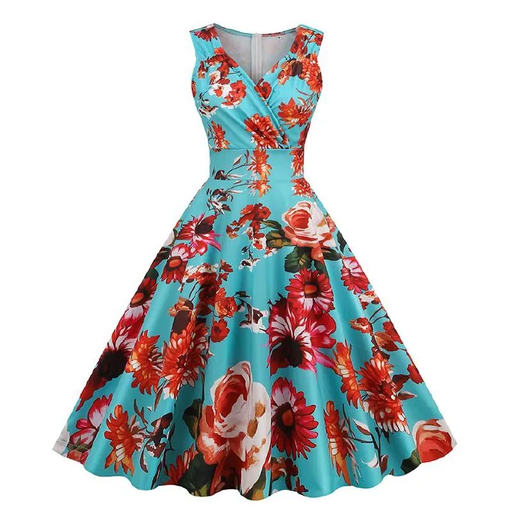 2025 New Hepburn-Inspired Floral Print V-Neck Midi Dress – Vintage Retro Sleeveless Cocktail Gown for Office, Party & Evening Events