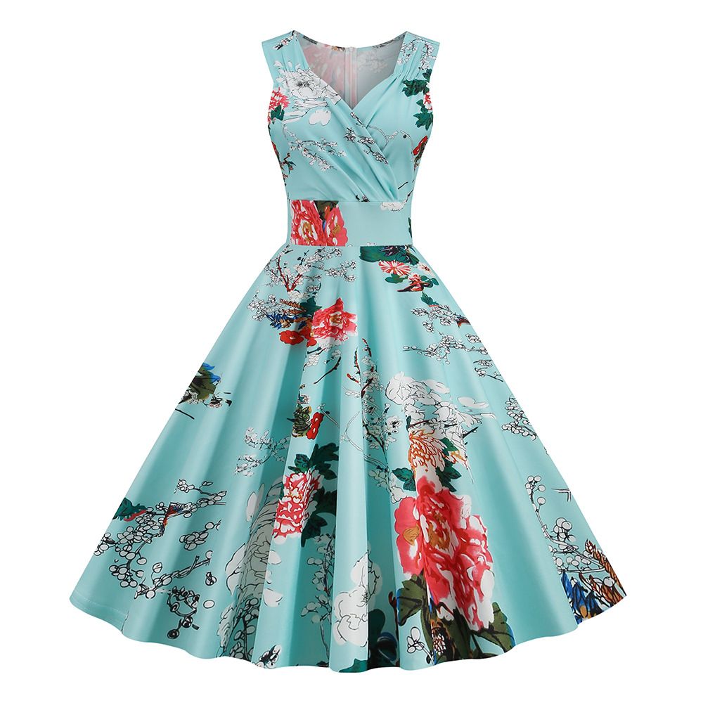 2025 New Hepburn-Inspired Floral Print V-Neck Midi Dress – Vintage Retro Sleeveless Cocktail Gown for Office, Party & Evening Events