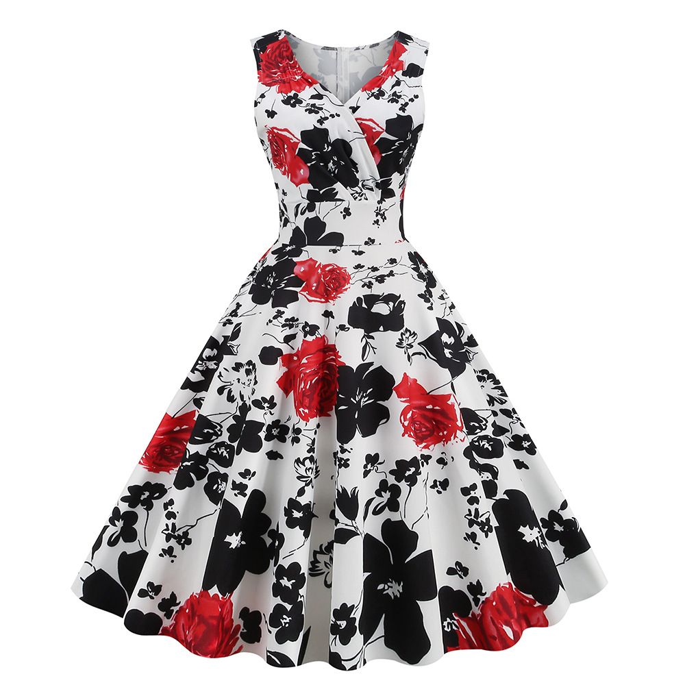 2025 New Hepburn-Inspired Floral Print V-Neck Midi Dress – Vintage Retro Sleeveless Cocktail Gown for Office, Party & Evening Events
