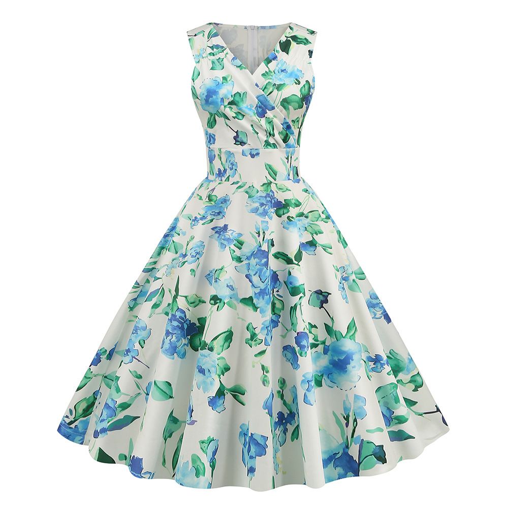 2025 New Hepburn-Inspired Floral Print V-Neck Midi Dress – Vintage Retro Sleeveless Cocktail Gown for Office, Party & Evening Events