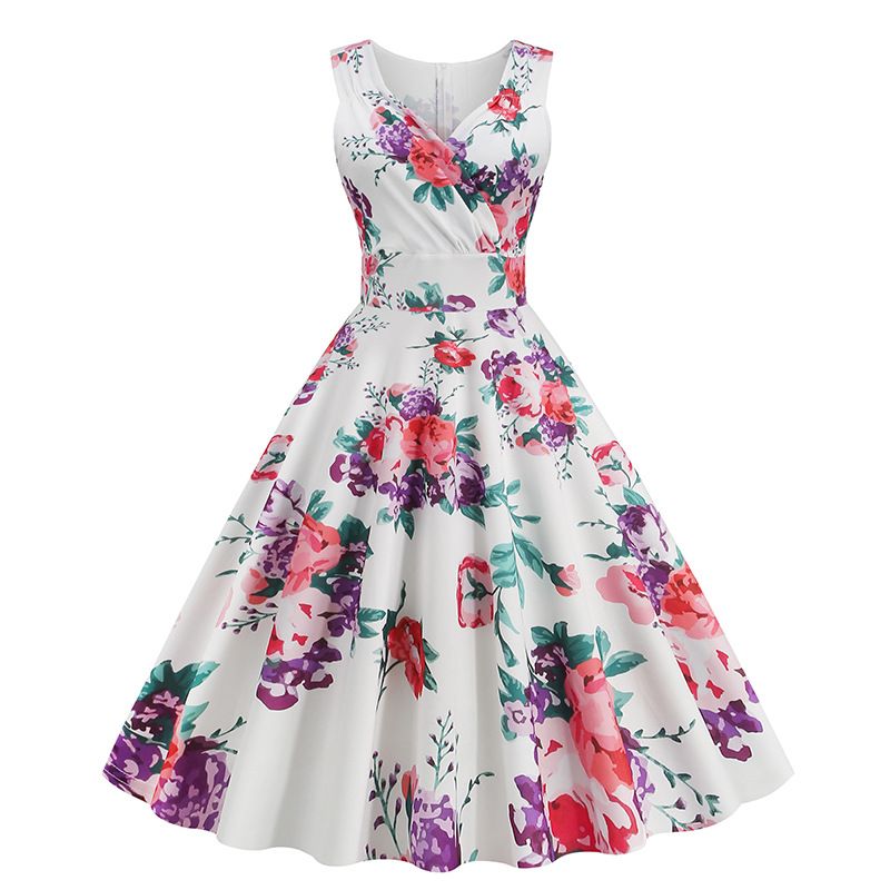 2025 New Hepburn-Inspired Floral Print V-Neck Midi Dress – Vintage Retro Sleeveless Cocktail Gown for Office, Party & Evening Events