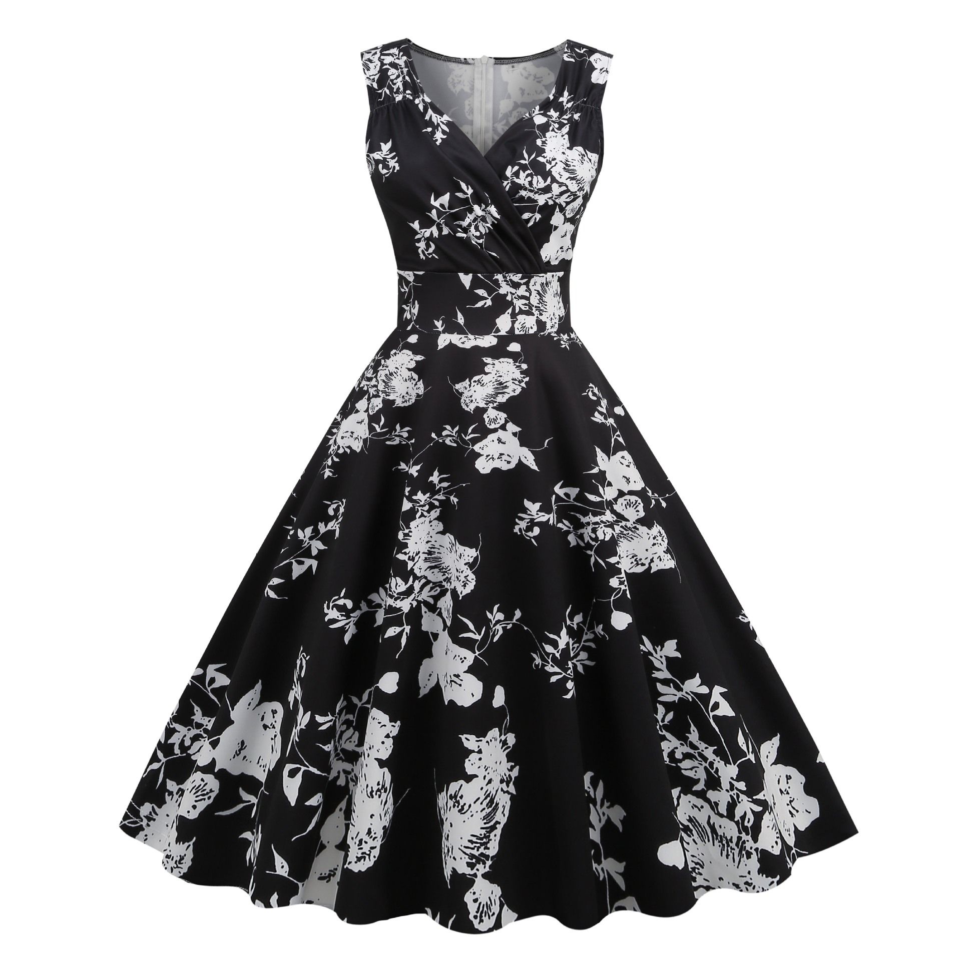 2025 New Hepburn-Inspired Floral Print V-Neck Midi Dress – Vintage Retro Sleeveless Cocktail Gown for Office, Party & Evening Events