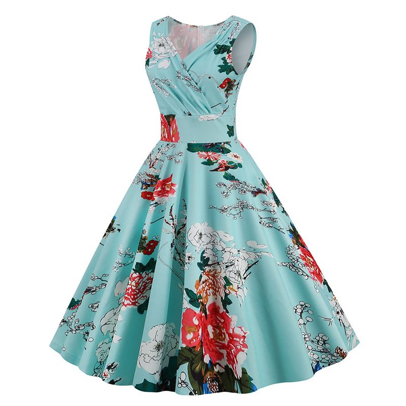 2025 New Hepburn-Inspired Floral Print V-Neck Midi Dress – Vintage Retro Sleeveless Cocktail Gown for Office, Party & Evening Events