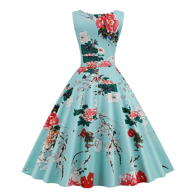 2025 New Hepburn-Inspired Floral Print V-Neck Midi Dress – Vintage Retro Sleeveless Cocktail Gown for Office, Party & Evening Events