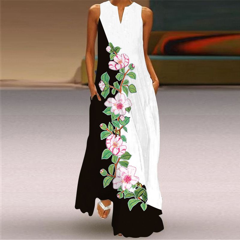 2025 New Summer Women's V-Neck Sleeveless Floral Print Maxi Dress - Elegant Boho Evening Gown for Party Banquet & Cocktail Occasions (European & American Hot Seller)