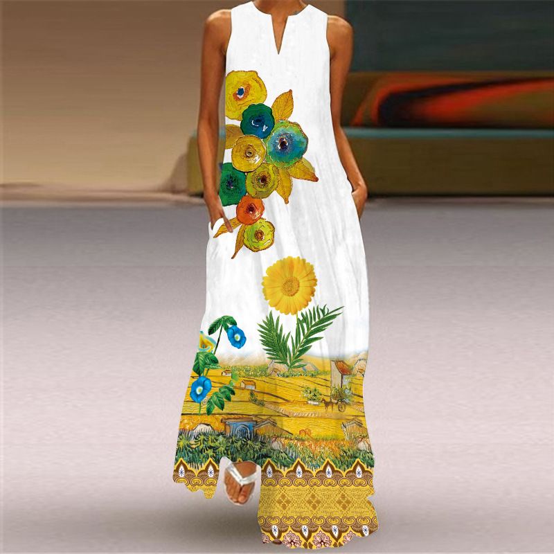 2025 New Summer Women's V-Neck Sleeveless Floral Print Maxi Dress - Elegant Boho Evening Gown for Party Banquet & Cocktail Occasions (European & American Hot Seller)