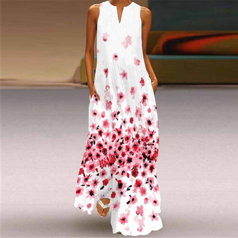 2025 New Summer Women's V-Neck Sleeveless Floral Print Maxi Dress - Elegant Boho Evening Gown for Party Banquet & Cocktail Occasions (European & American Hot Seller)