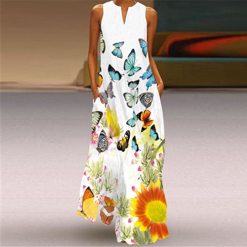 2025 New Summer Women's V-Neck Sleeveless Floral Print Maxi Dress - Elegant Boho Evening Gown for Party Banquet & Cocktail Occasions (European & American Hot Seller)