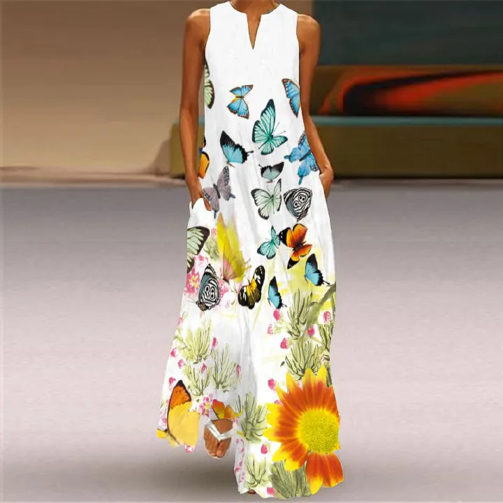 2025 New Summer Women's V-Neck Sleeveless Floral Print Maxi Dress - Elegant Boho Evening Gown for Party Banquet & Cocktail Occasions (European & American Hot Seller)
