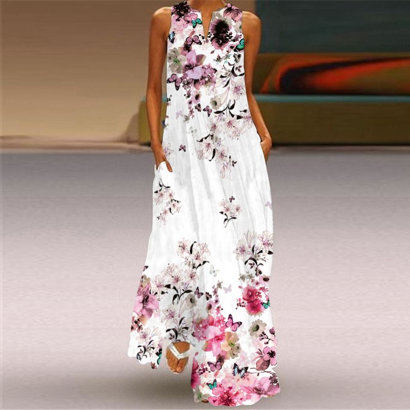 2025 New Summer Women's V-Neck Sleeveless Floral Print Maxi Dress - Elegant Boho Evening Gown for Party Banquet & Cocktail Occasions (European & American Hot Seller)