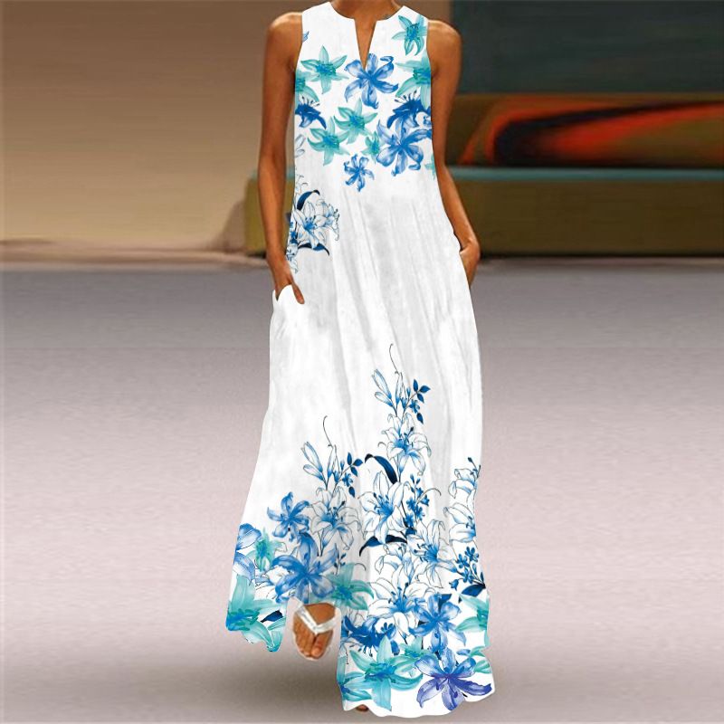 2025 New Summer Women's V-Neck Sleeveless Floral Print Maxi Dress - Elegant Boho Evening Gown for Party Banquet & Cocktail Occasions (European & American Hot Seller)