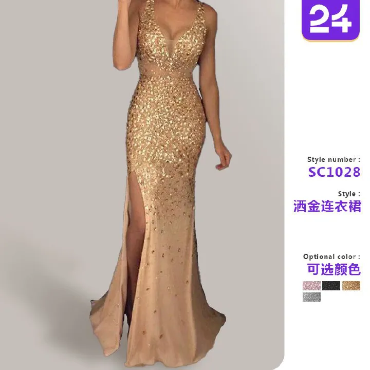 New Trending  Evening Gown | Plunging V-Neck Metallic Gold Accents Bodycon Dress with Thigh-High Slit & Floor-Length Skirt| Red Carpet & Gala Party Wear