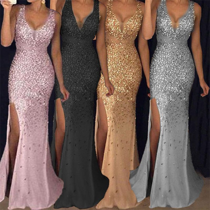 New Trending  Evening Gown | Plunging V-Neck Metallic Gold Accents Bodycon Dress with Thigh-High Slit & Floor-Length Skirt| Red Carpet & Gala Party Wear