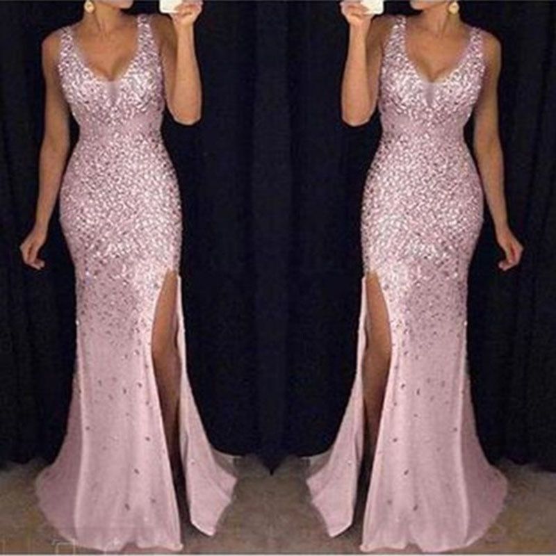 New Trending  Evening Gown | Plunging V-Neck Metallic Gold Accents Bodycon Dress with Thigh-High Slit & Floor-Length Skirt| Red Carpet & Gala Party Wear