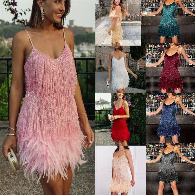 2025 Summer Luxe Fringe Sequin Cocktail Dress: Feather-Trimmed Evening Gown in 8 Vibrant Colorways