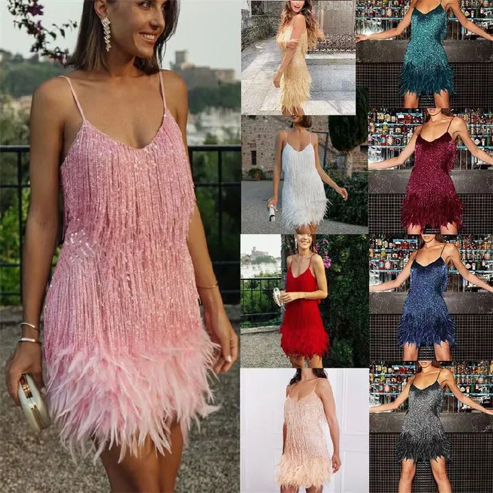 2025 Summer Luxe Fringe Sequin Cocktail Dress: Feather-Trimmed Evening Gown in 8 Vibrant Colorways