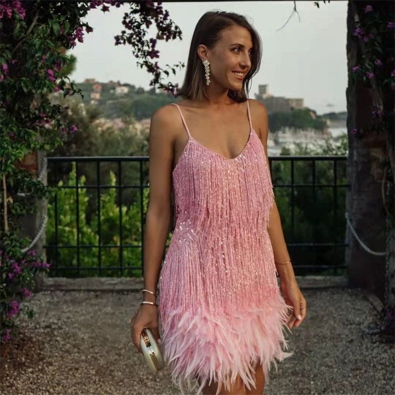 2025 Summer Luxe Fringe Sequin Cocktail Dress: Feather-Trimmed Evening Gown in 8 Vibrant Colorways