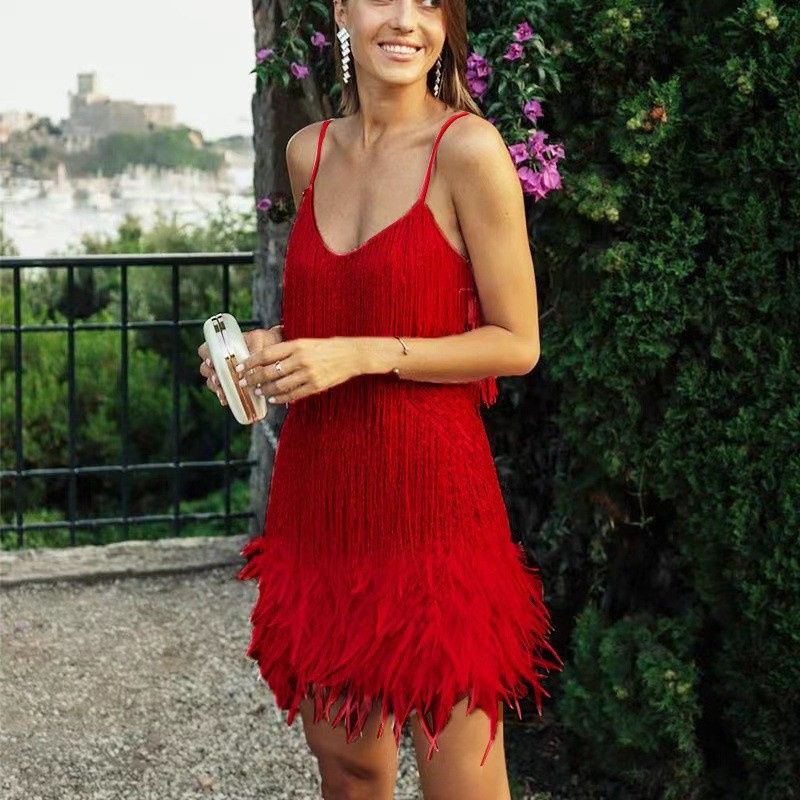 2025 Summer Luxe Fringe Sequin Cocktail Dress: Feather-Trimmed Evening Gown in 8 Vibrant Colorways
