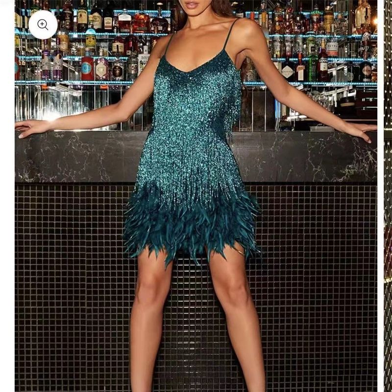 2025 Summer Luxe Fringe Sequin Cocktail Dress: Feather-Trimmed Evening Gown in 8 Vibrant Colorways