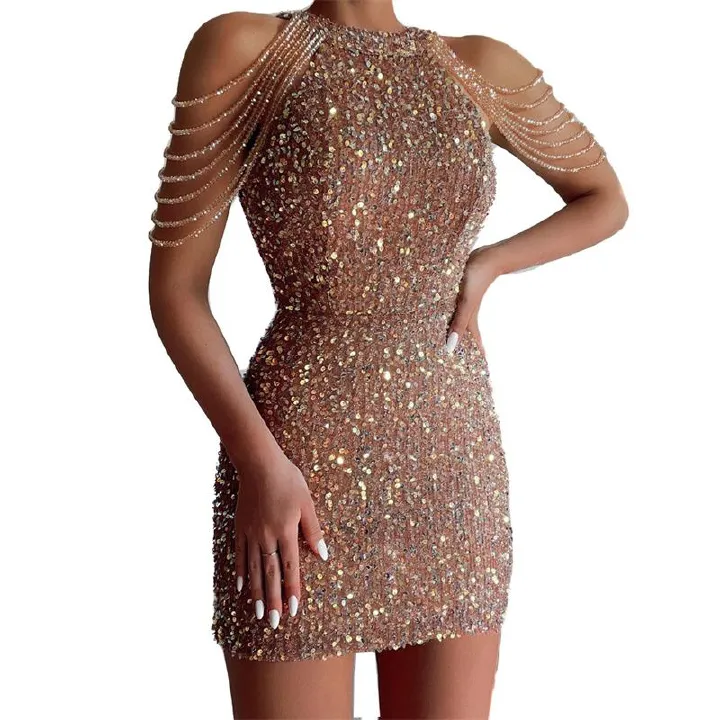 New Trendy Halterneck Off-Shoulder Beaded Fringe Dress | Crystal-Embellished Sequined Bodycon Dress for Evening Party & Special Events (9 Colors)