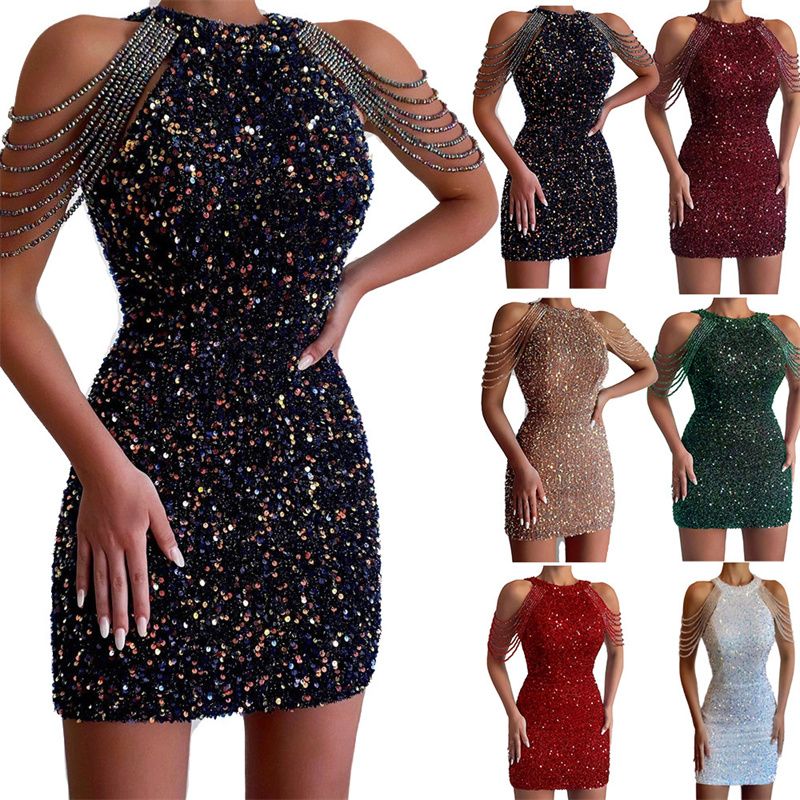 New Trendy Halterneck Off-Shoulder Beaded Fringe Dress | Crystal-Embellished Sequined Bodycon Dress for Evening Party & Special Events (9 Colors)