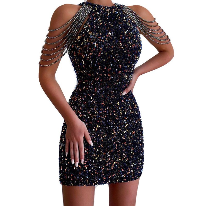 New Trendy Halterneck Off-Shoulder Beaded Fringe Dress | Crystal-Embellished Sequined Bodycon Dress for Evening Party & Special Events (9 Colors)