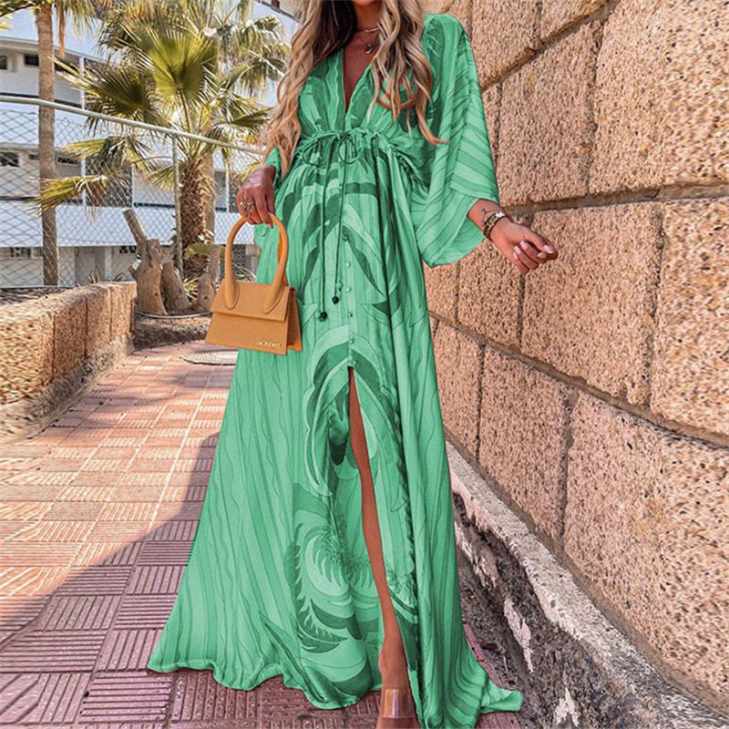 New Summer Collection! Vivid Vacation Style V-Neck Waist-Cinched Printed Maxi Dress | Batwing Sleeves, Loose Fit & Plus Size Available | Slit Hem, Flared Skirt – Perfect for Women's Getaways