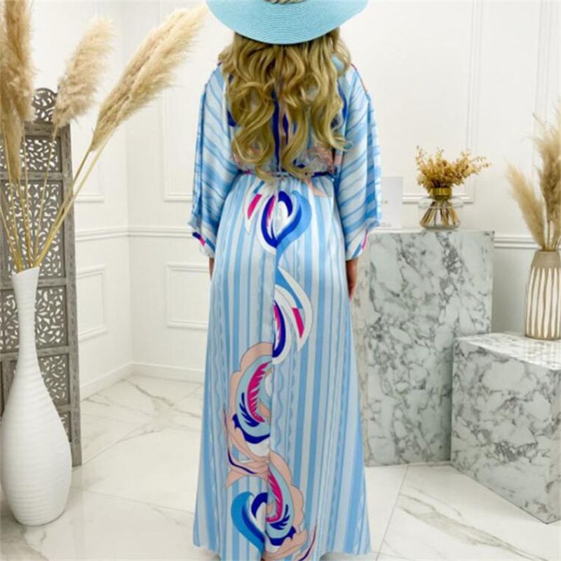 New Summer Collection! Vivid Vacation Style V-Neck Waist-Cinched Printed Maxi Dress | Batwing Sleeves, Loose Fit & Plus Size Available | Slit Hem, Flared Skirt – Perfect for Women's Getaways