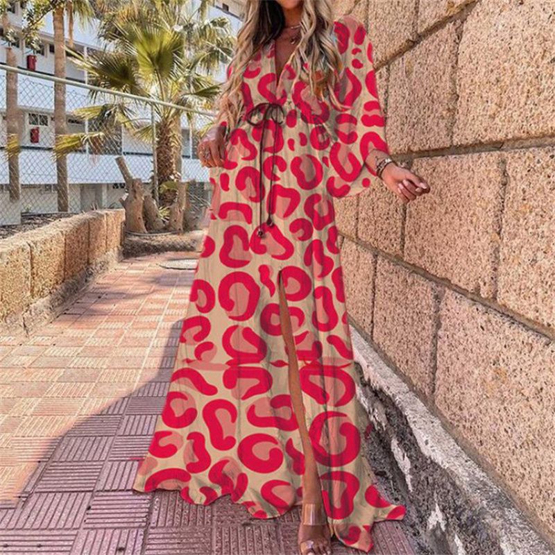 New Summer Collection! Vivid Vacation Style V-Neck Waist-Cinched Printed Maxi Dress | Batwing Sleeves, Loose Fit & Plus Size Available | Slit Hem, Flared Skirt – Perfect for Women's Getaways