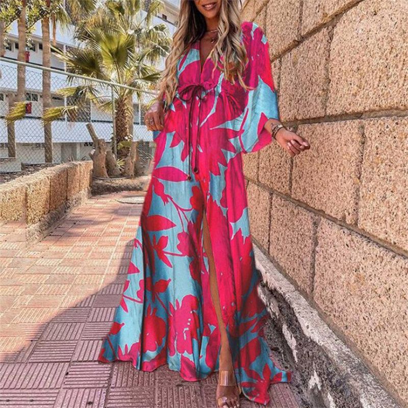 New Summer Collection! Vivid Vacation Style V-Neck Waist-Cinched Printed Maxi Dress | Batwing Sleeves, Loose Fit & Plus Size Available | Slit Hem, Flared Skirt – Perfect for Women's Getaways