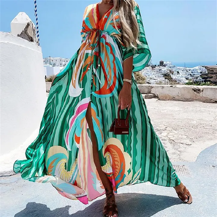 New Summer Collection! Vivid Vacation Style V-Neck Waist-Cinched Printed Maxi Dress | Batwing Sleeves, Loose Fit & Plus Size Available | Slit Hem, Flared Skirt – Perfect for Women's Getaways