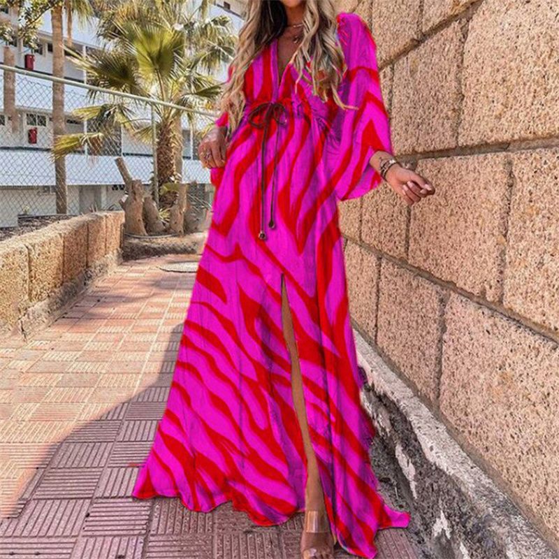 New Summer Collection! Vivid Vacation Style V-Neck Waist-Cinched Printed Maxi Dress | Batwing Sleeves, Loose Fit & Plus Size Available | Slit Hem, Flared Skirt – Perfect for Women's Getaways