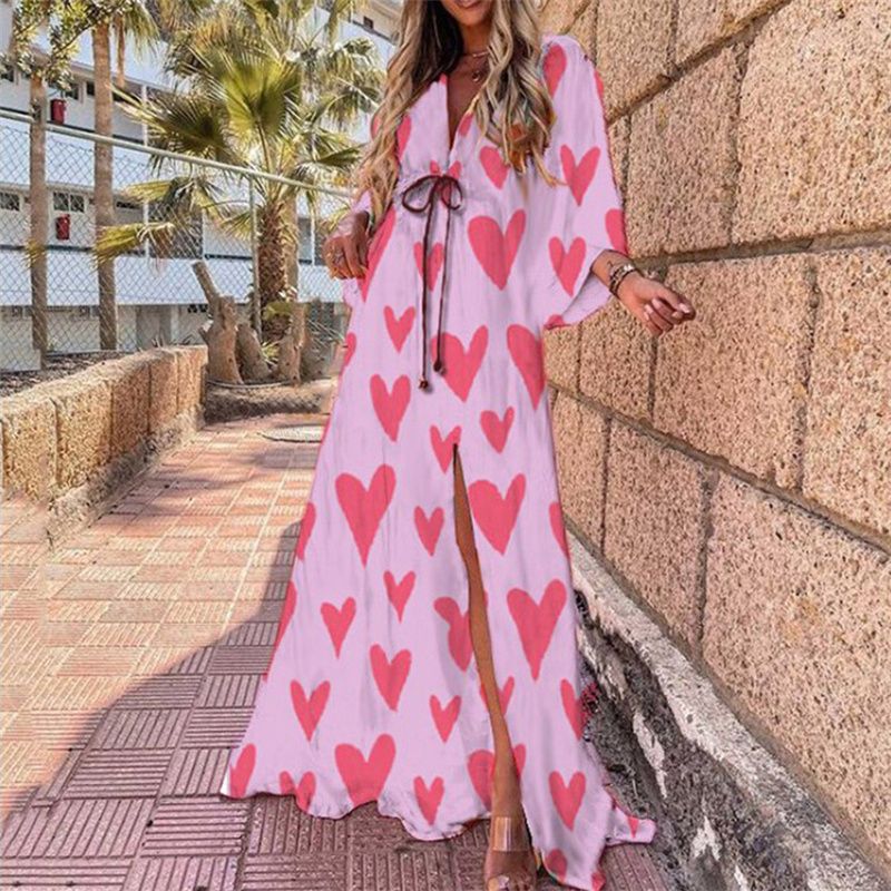 New Summer Collection! Vivid Vacation Style V-Neck Waist-Cinched Printed Maxi Dress | Batwing Sleeves, Loose Fit & Plus Size Available | Slit Hem, Flared Skirt – Perfect for Women's Getaways