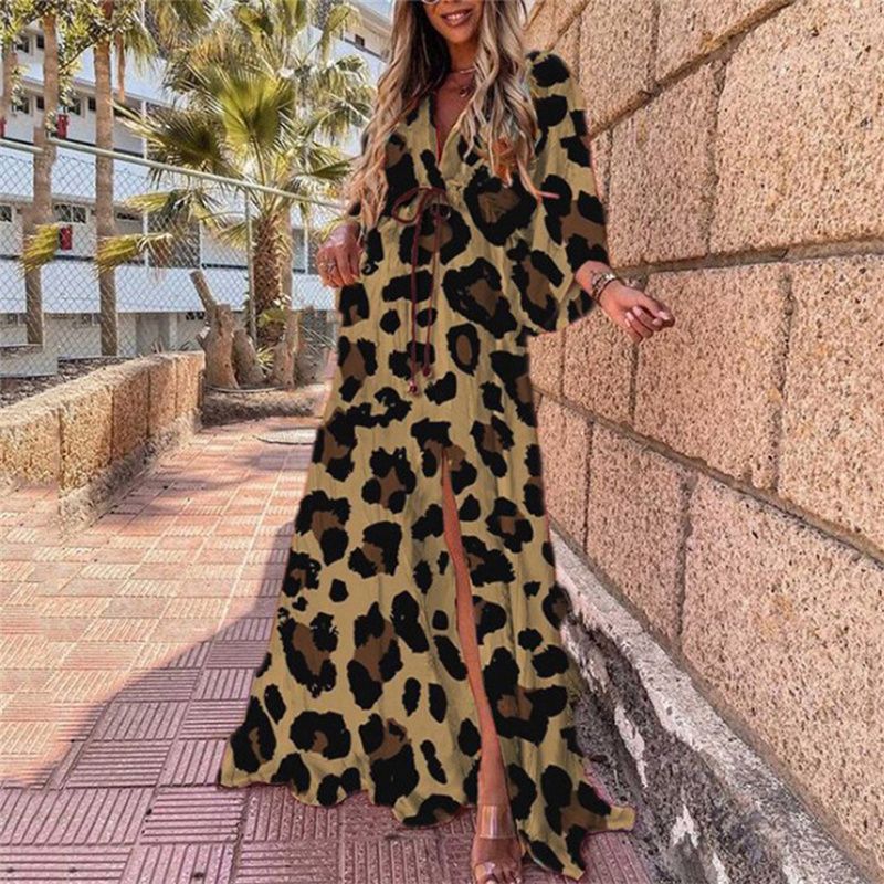 New Summer Collection! Vivid Vacation Style V-Neck Waist-Cinched Printed Maxi Dress | Batwing Sleeves, Loose Fit & Plus Size Available | Slit Hem, Flared Skirt – Perfect for Women's Getaways