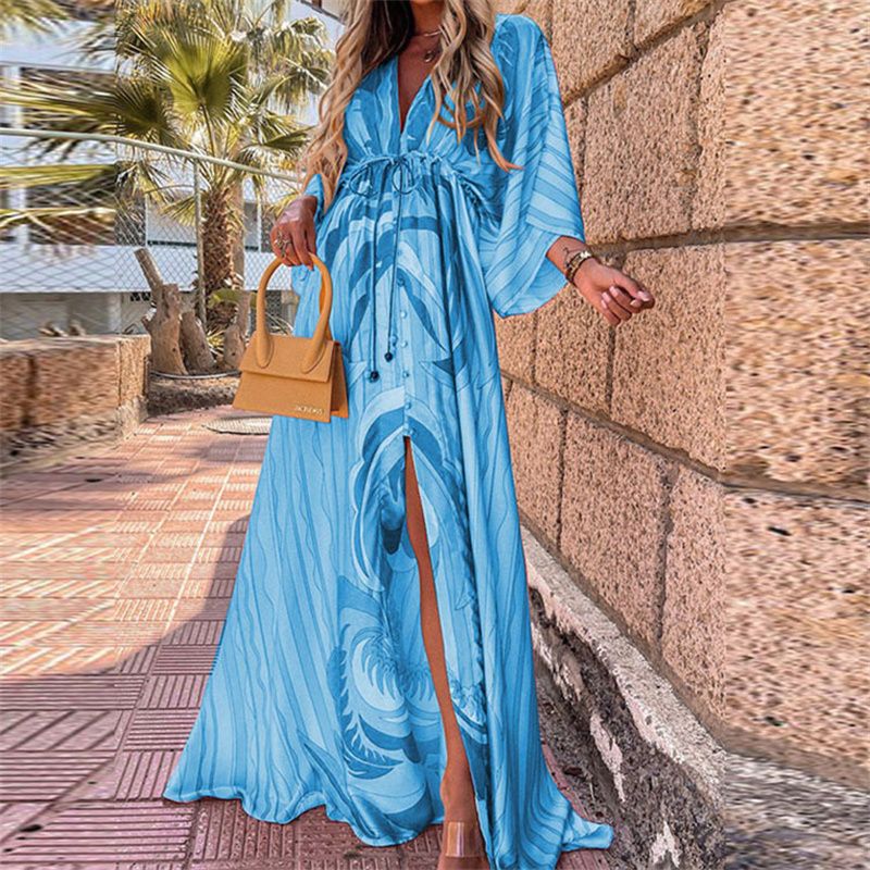 New Summer Collection! Vivid Vacation Style V-Neck Waist-Cinched Printed Maxi Dress | Batwing Sleeves, Loose Fit & Plus Size Available | Slit Hem, Flared Skirt – Perfect for Women's Getaways