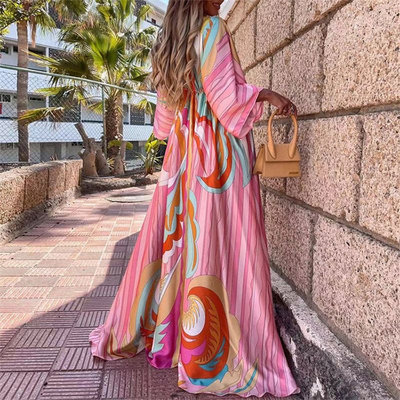 New Summer Collection! Vivid Vacation Style V-Neck Waist-Cinched Printed Maxi Dress | Batwing Sleeves, Loose Fit & Plus Size Available | Slit Hem, Flared Skirt – Perfect for Women's Getaways